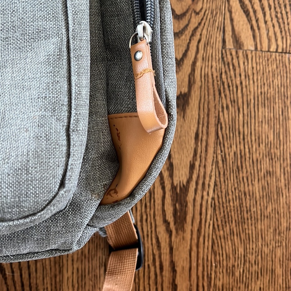 Grey and Leather diaper bag with striped lining - Picture 8 of 8